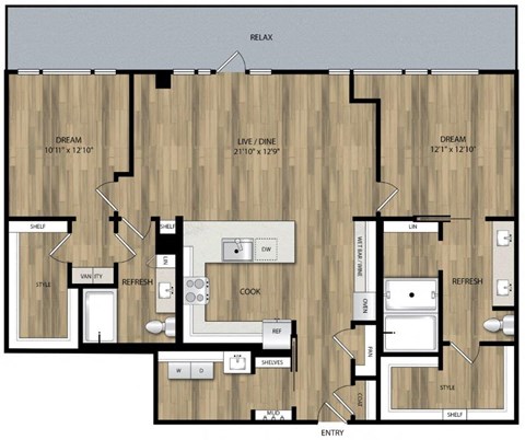 Floor plan for 2 beds, 2 baths, 1407 sqft